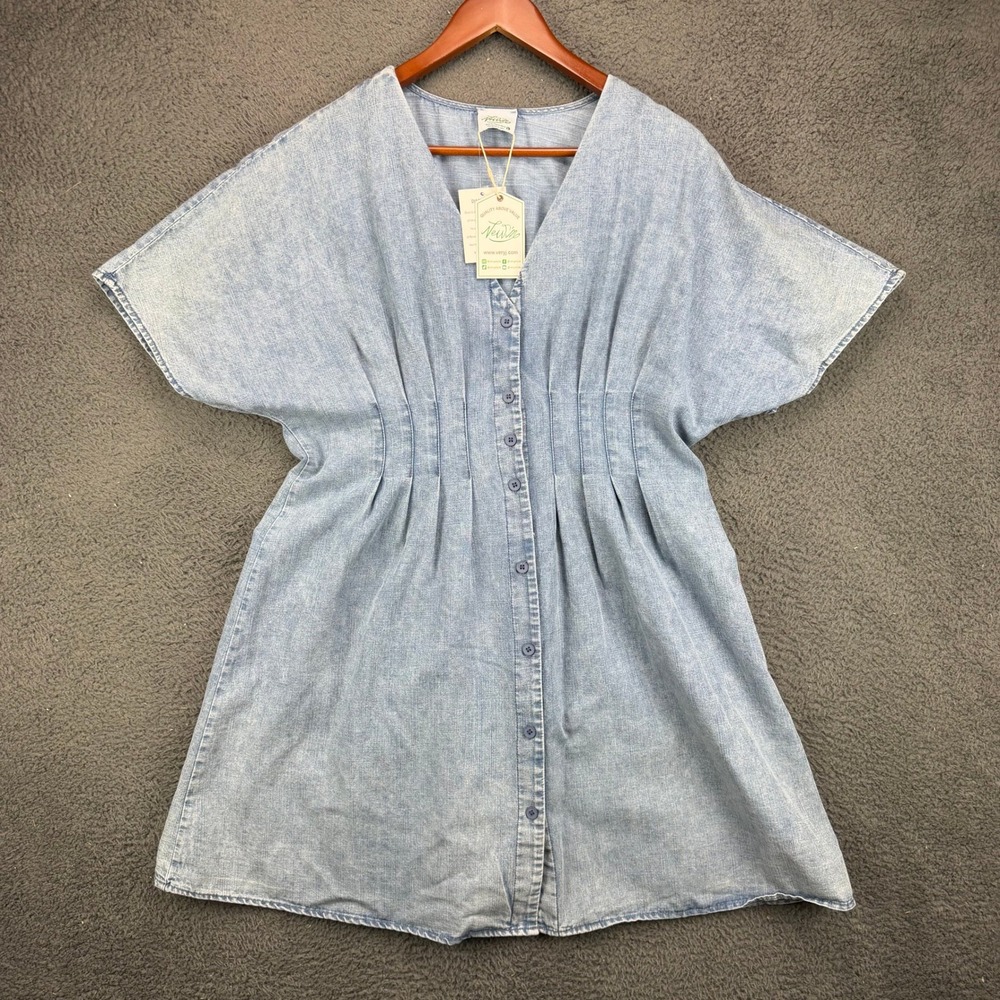 Very J Womens Blue Chambray Button Front Pleated Waist Mini Dress Size Large NEW